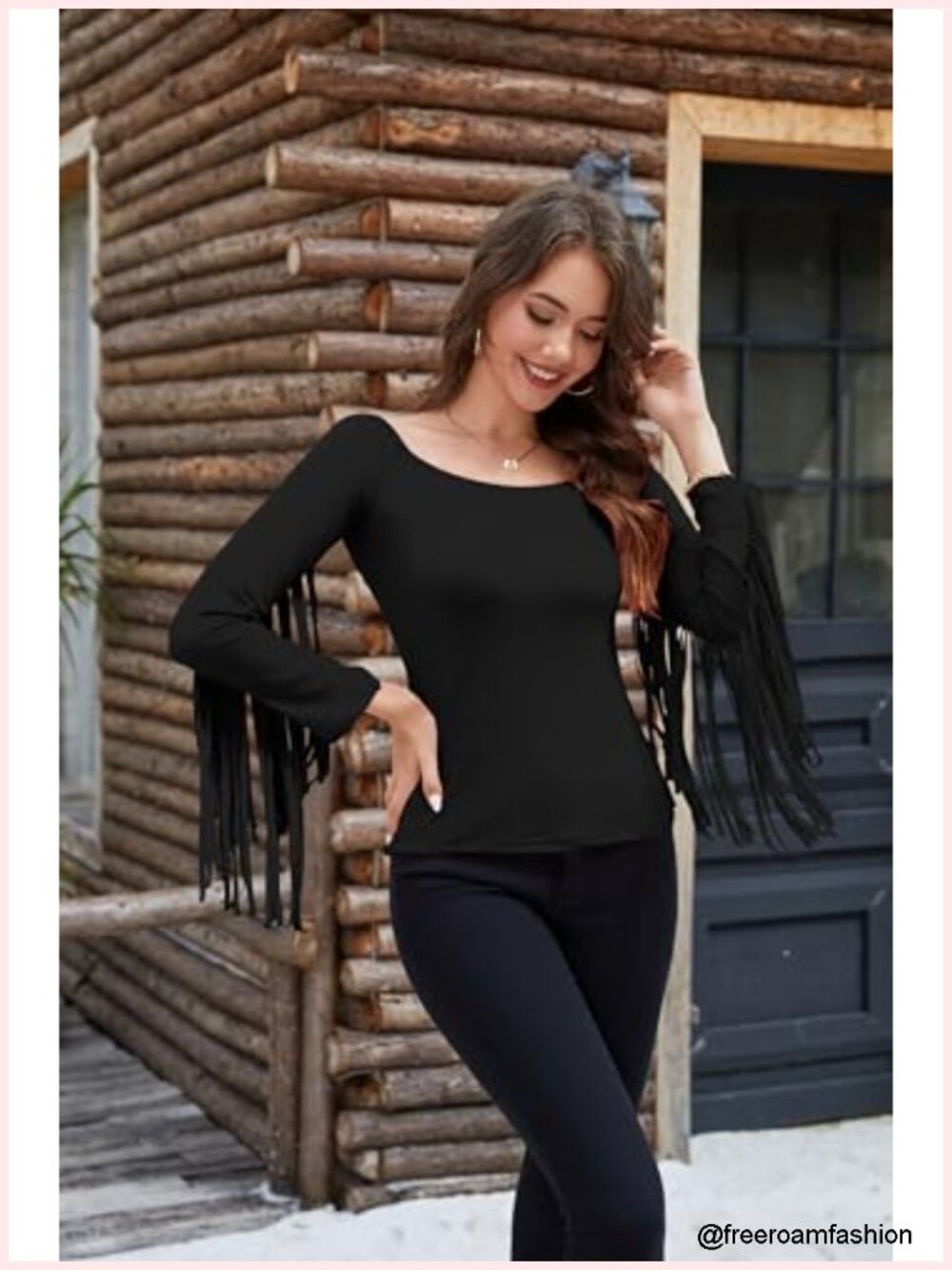 Off Shoulder Fringe Tops Women Western Cowgirl Stretchy Long Sleeve Tassel Y2K - Picture 3 of 6